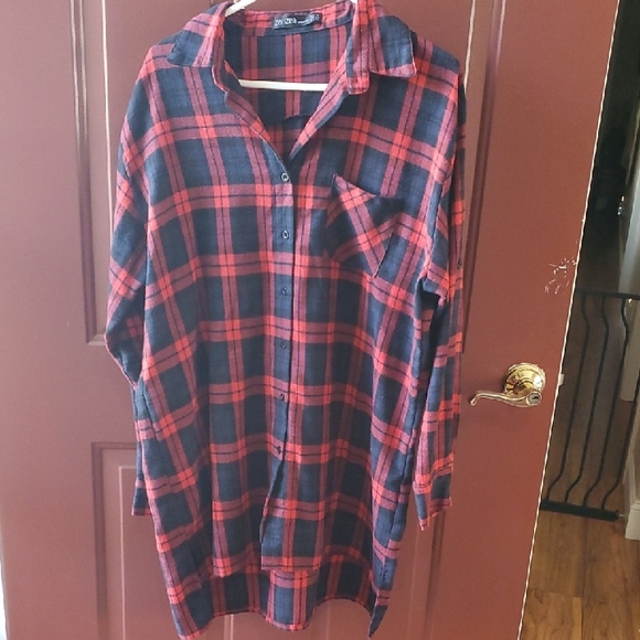 Zanzea Red and Black Plaid Flannel Hi Low Tunic Size 16 - Picture 1 of 9